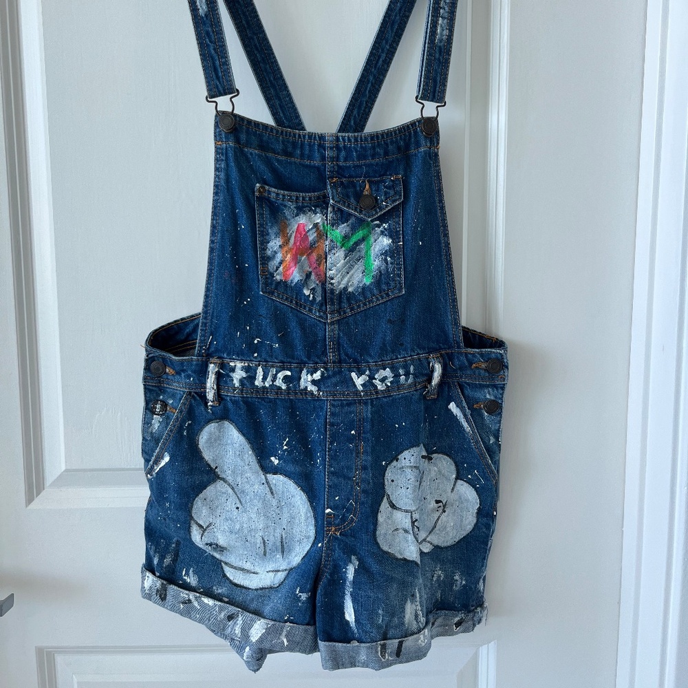 Custom Painted Denim Short Overalls